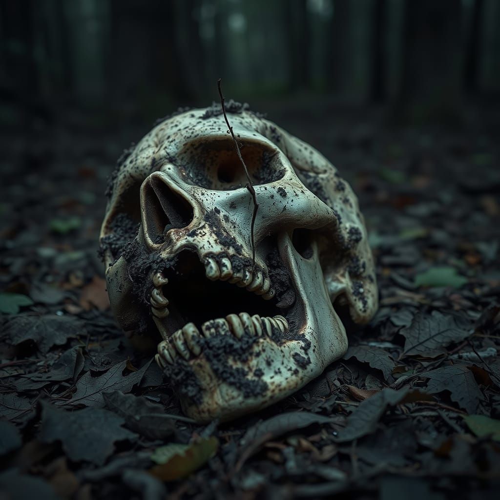 Skull in a Dark, Gritty Forest Landscape