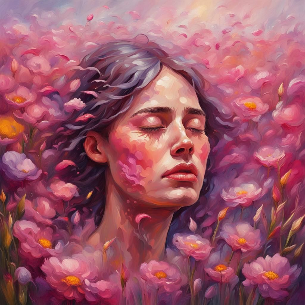 Emotional Portrait in Flower Field, Impressionist Oil Painti...