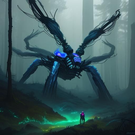 Fluorescent Spider Spinning Webs in Misty Forest