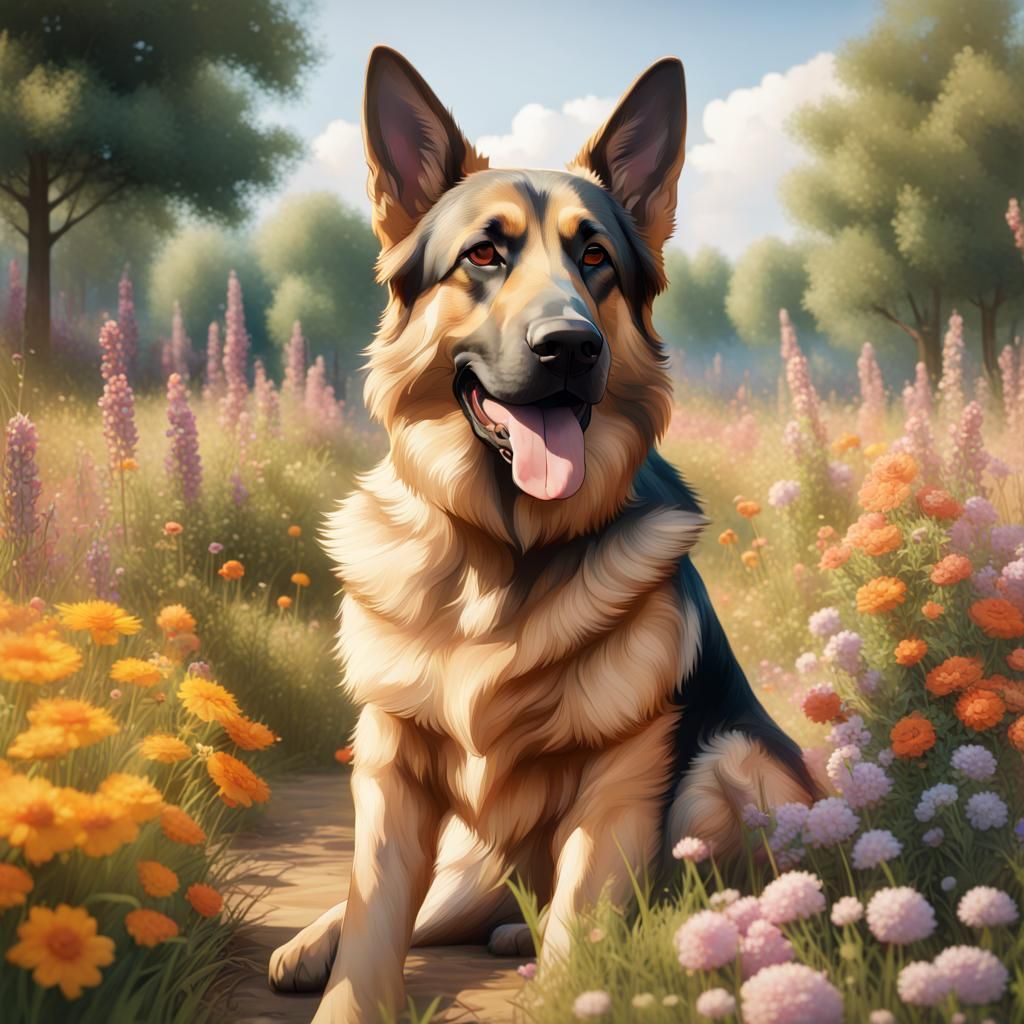Loyal German Shepherd Portrait in Art Nouveau Style