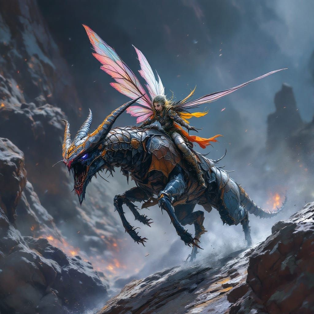 Dark Fantasy Warrior Fairy Rides War Hornet in Whimsical Wat...