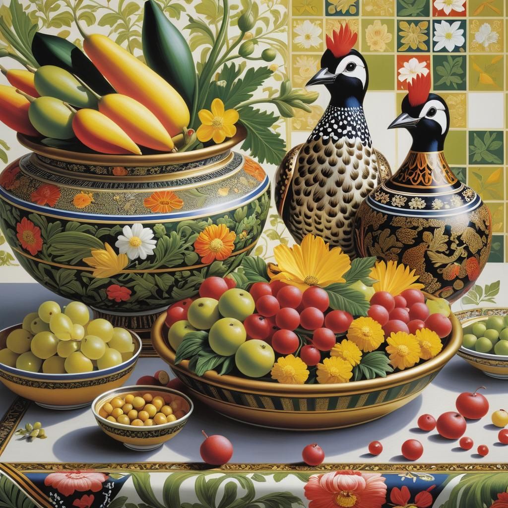 Striped Birds and Polka Dot Flowers, High Detail