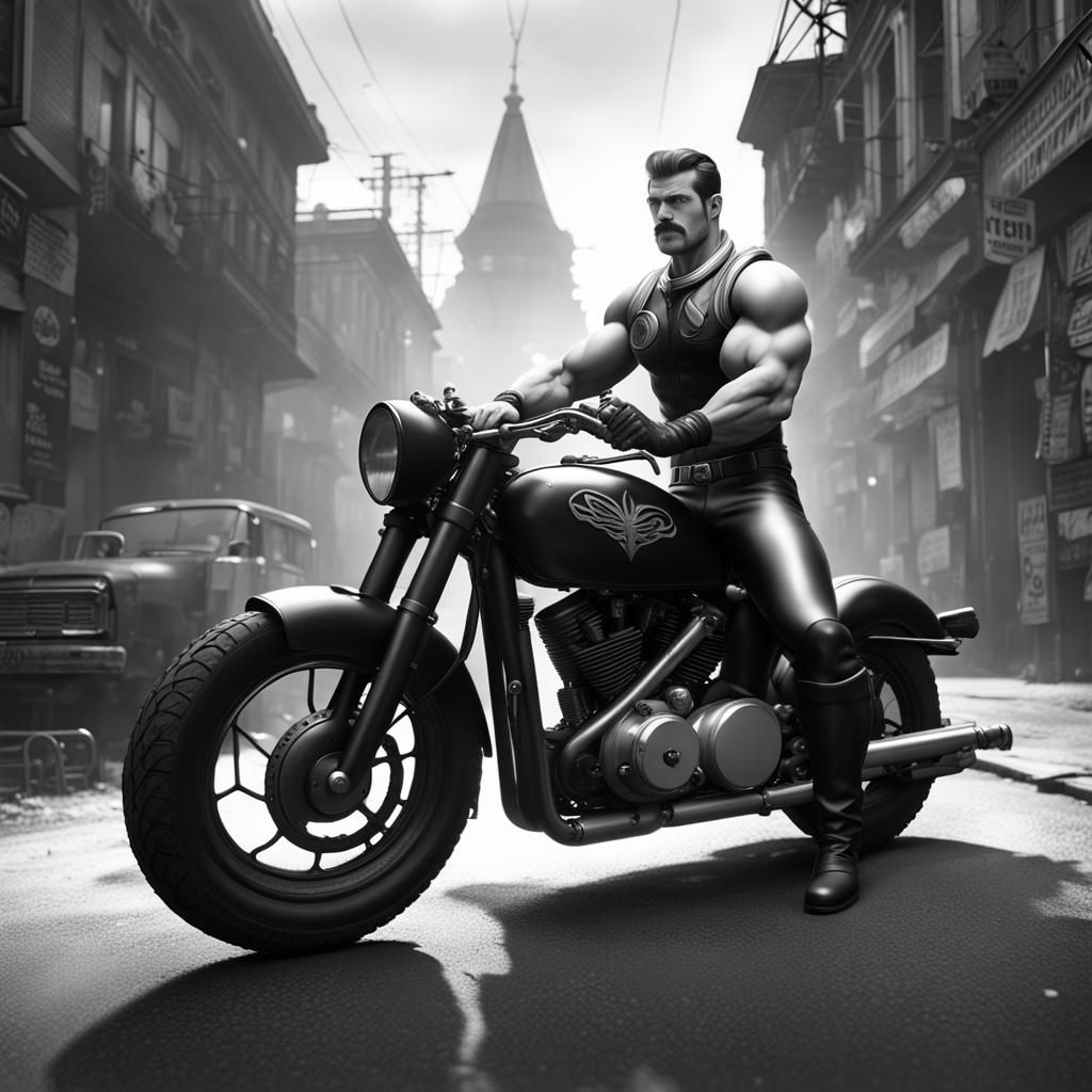 Muscled Man on Motorbike in Tom of Finland Style