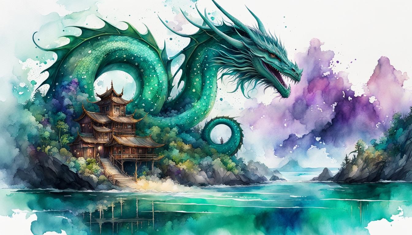 Emerald Dragon in Digital Watercolor Seascape