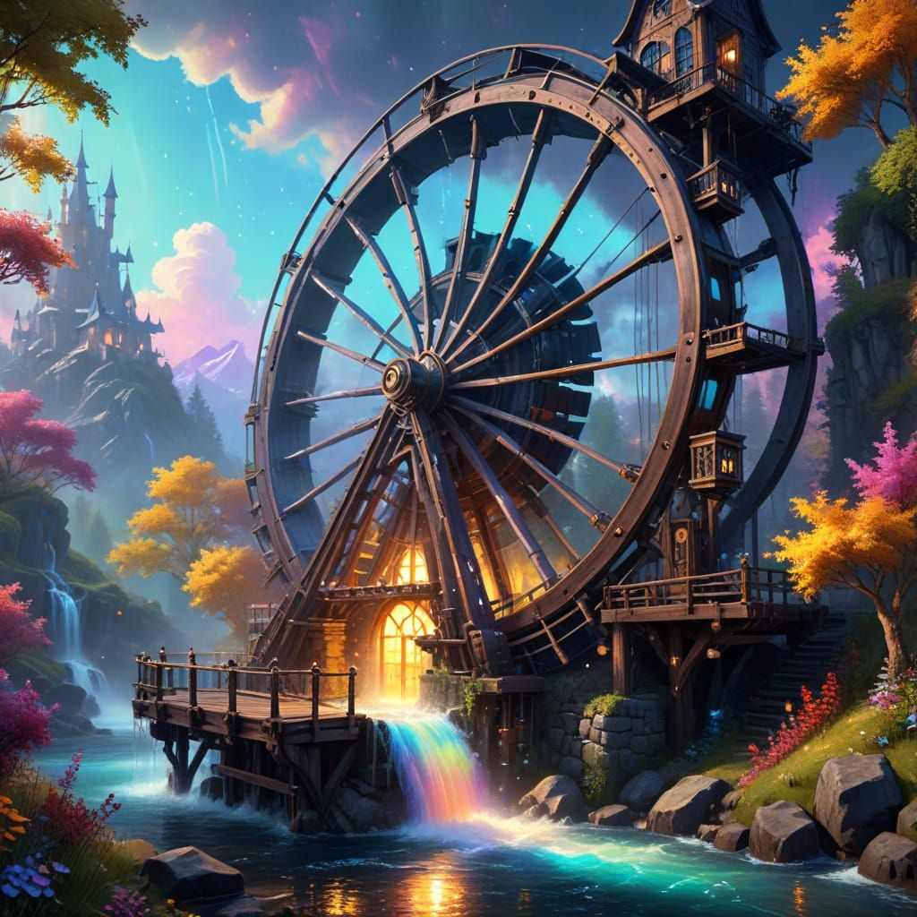 Vibrant Steampunk Waterwheel in Dreamlike Oil Painting