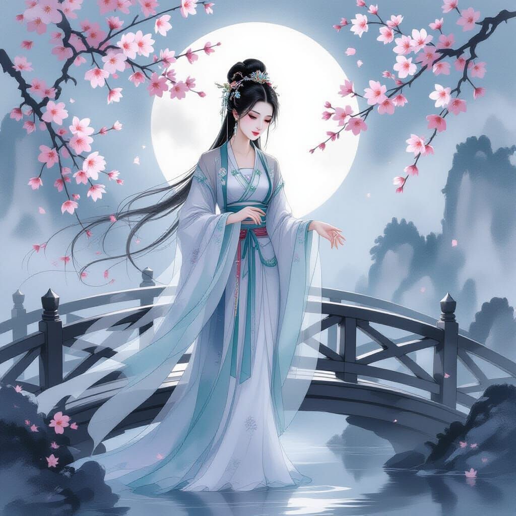 Ethereal Chinese Woman on Moonlit Bridge in Ink Wash Style