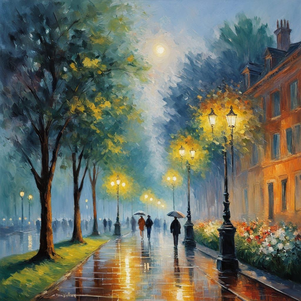 Impressionist Park Scene with Shimmering Lights