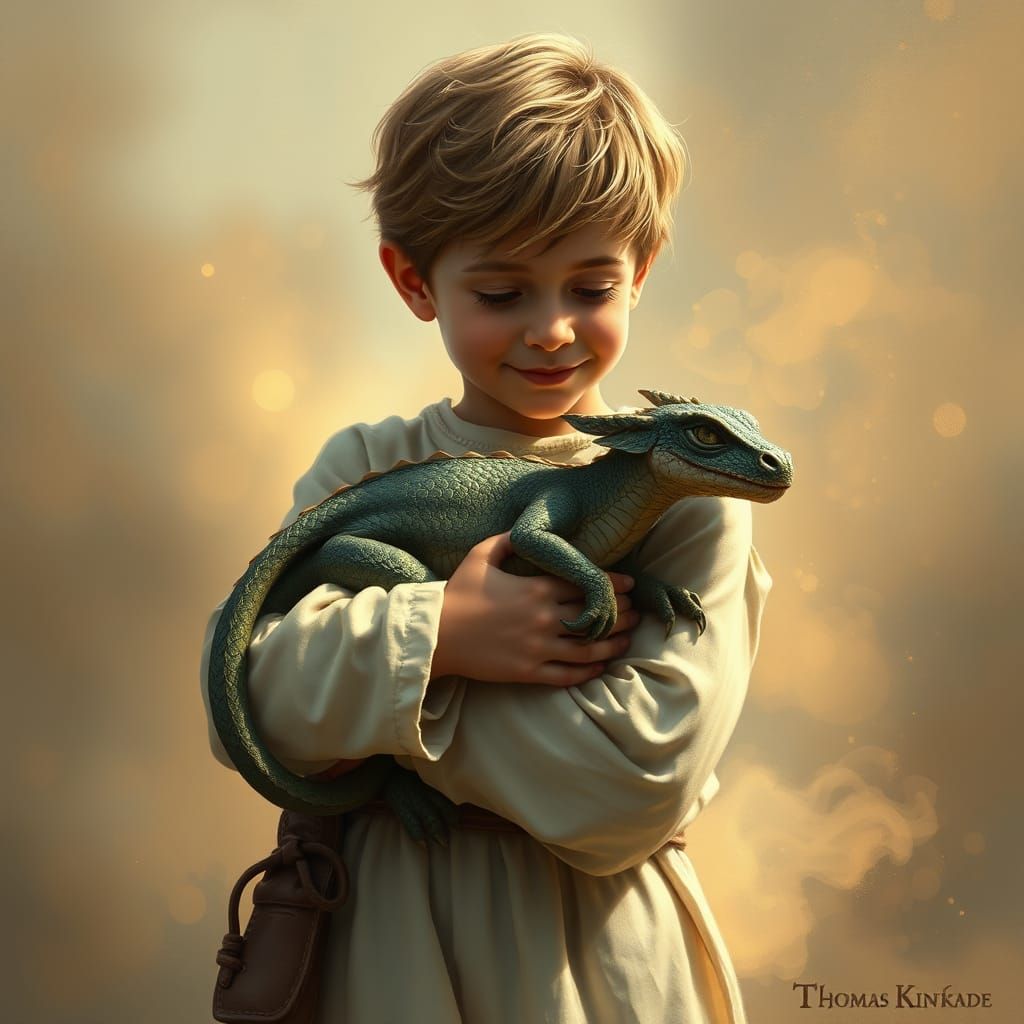 Serene Boy and Dragon in Dreamlike Landscape