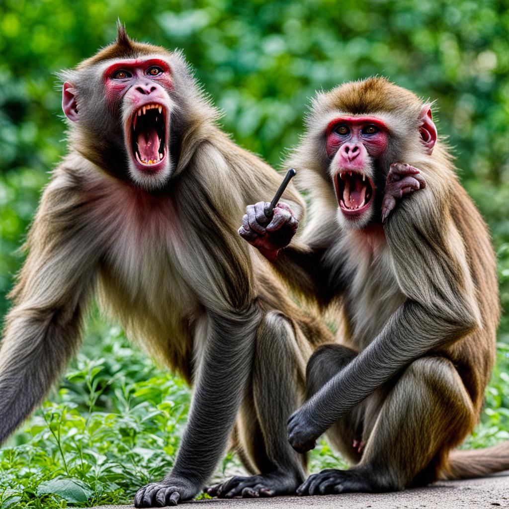Macaque Monkey Yelling with Saber in Jellaba