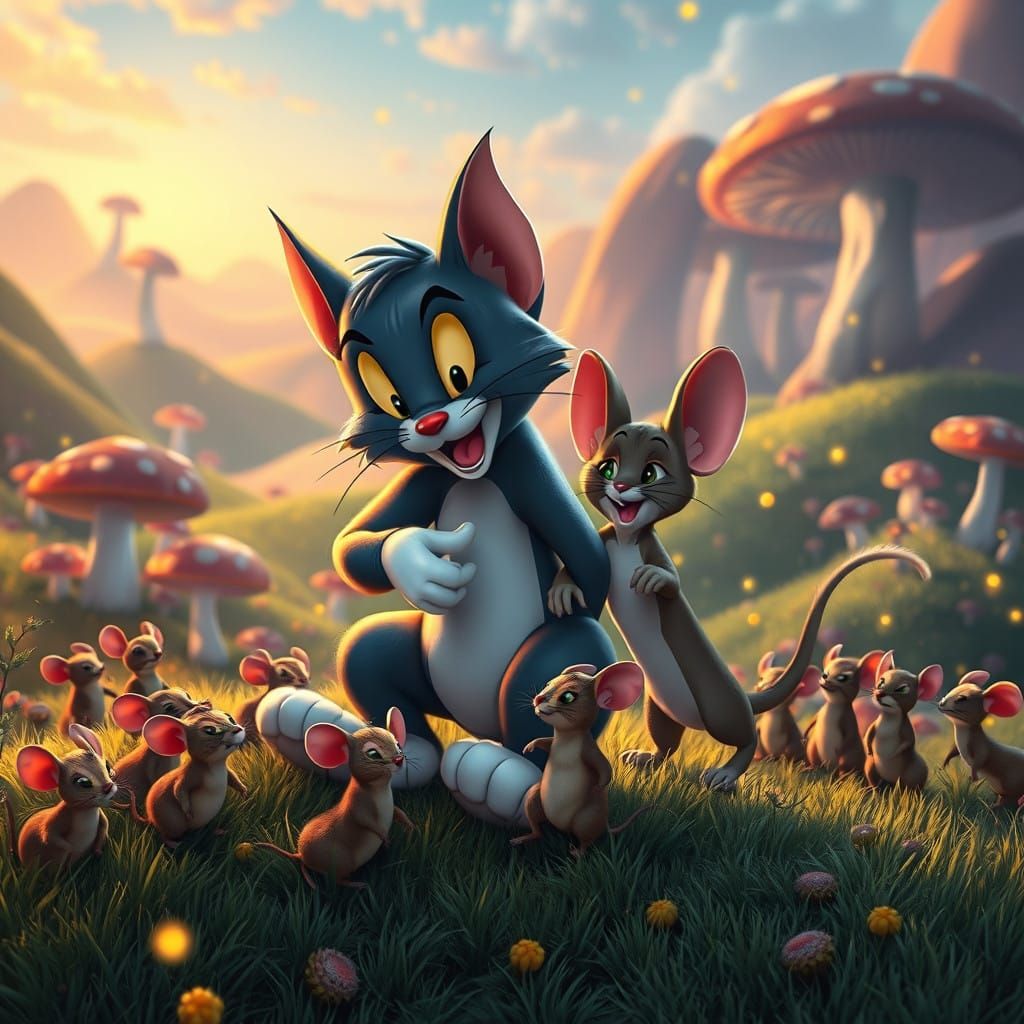 Whimsical Fantasy Gathering of Tomcat and Jerrymouse in Vibr...