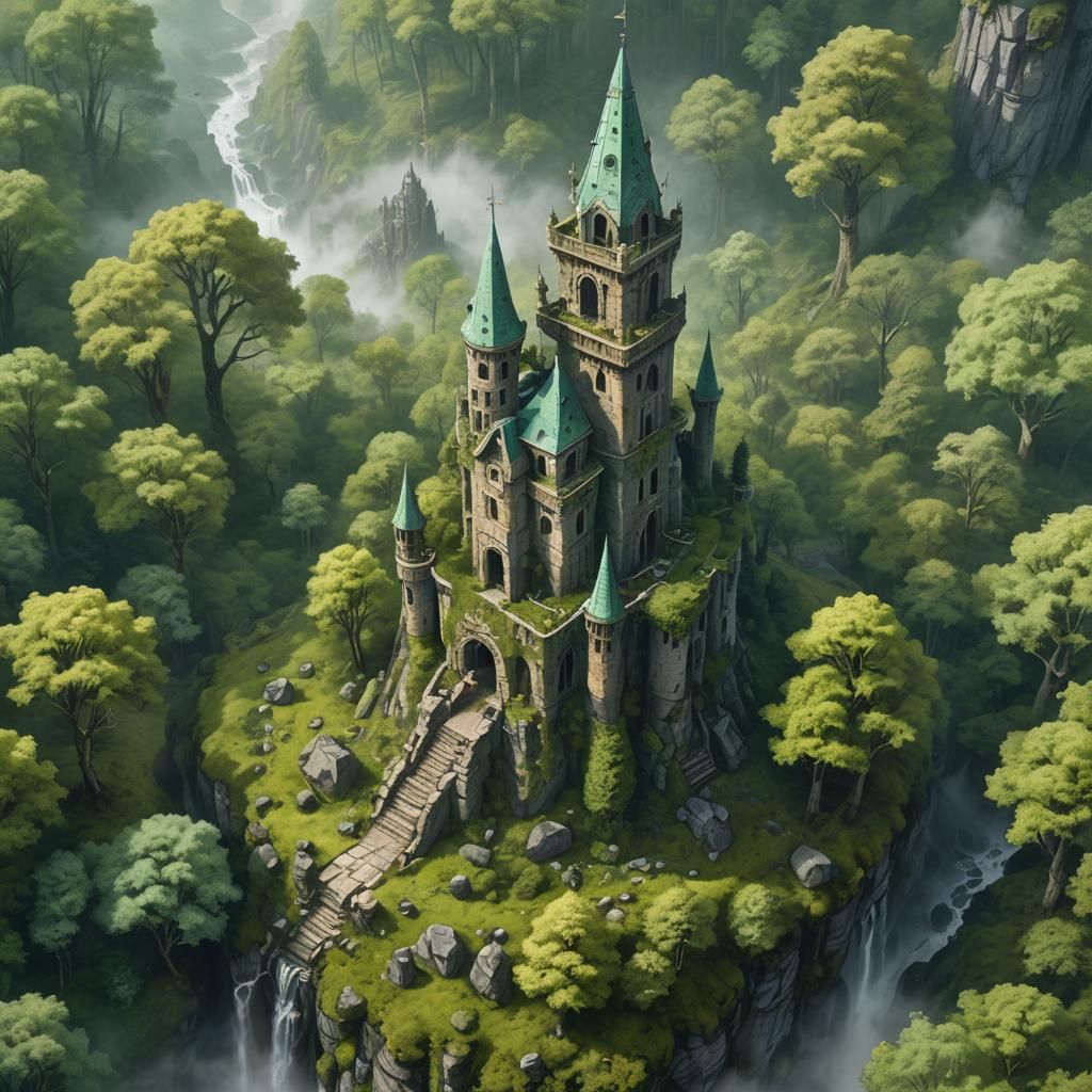 Fantasy Stone Wizard Tower in Ancient Forest