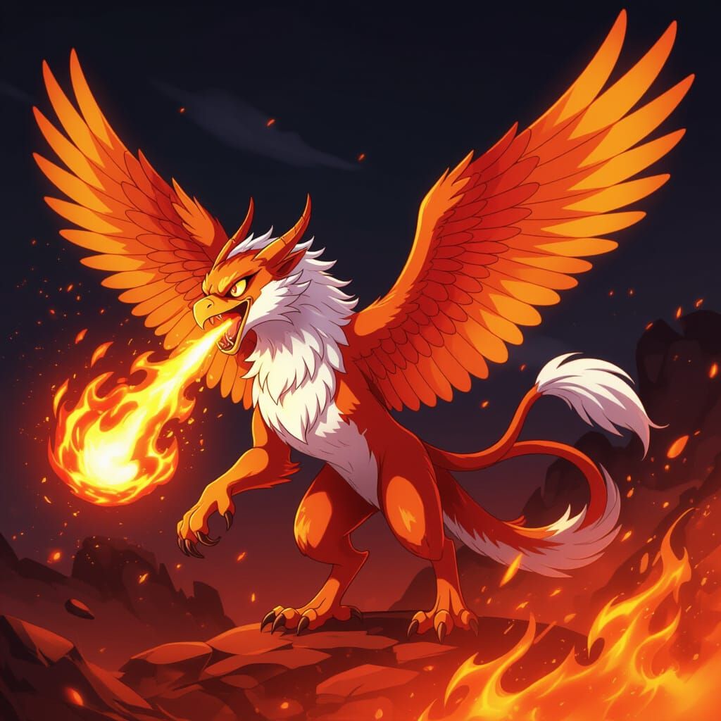 Fiery Griffin Unleashed in Vibrant Anime Style