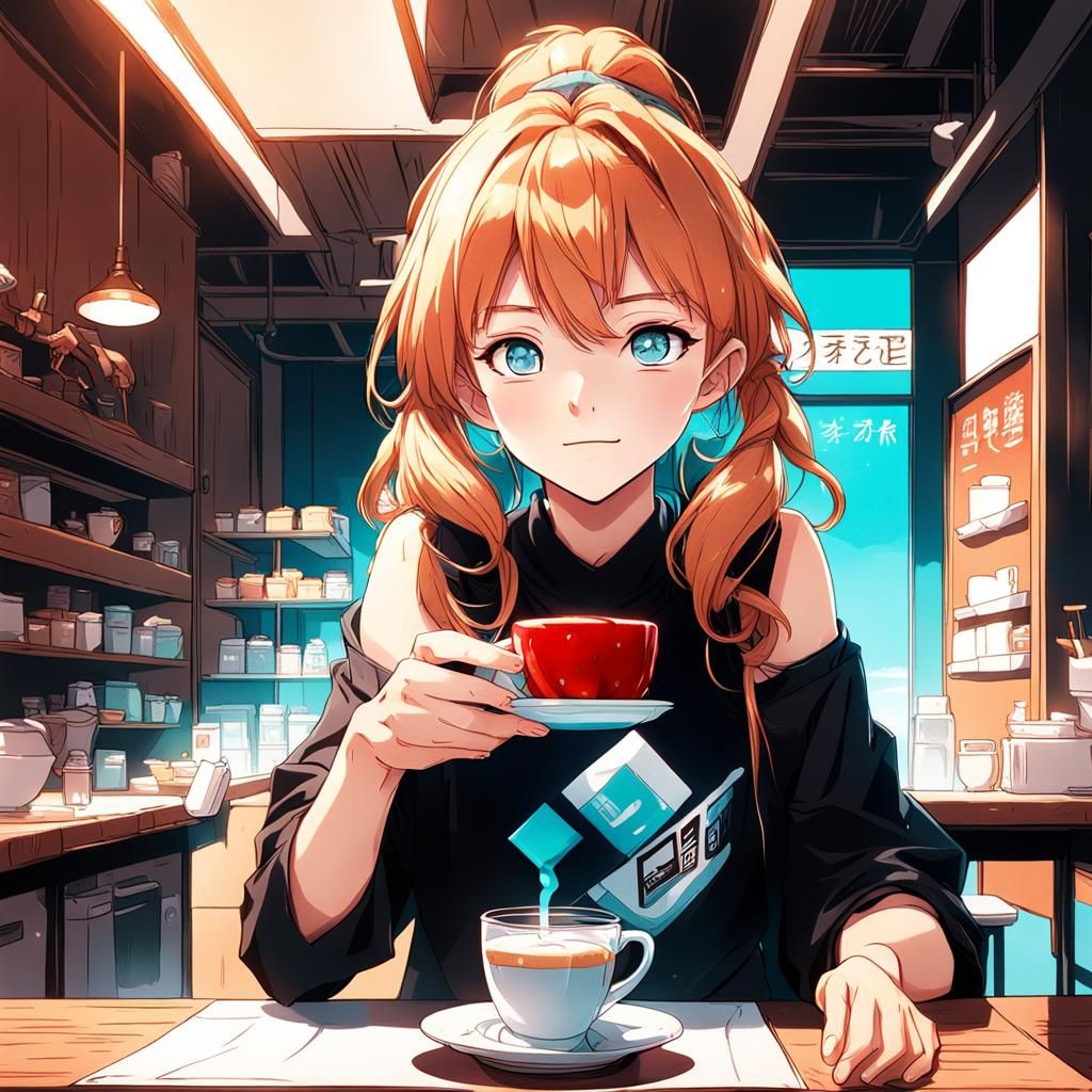 Anime Girl with Coffee: Cel-Shaded Digital Art