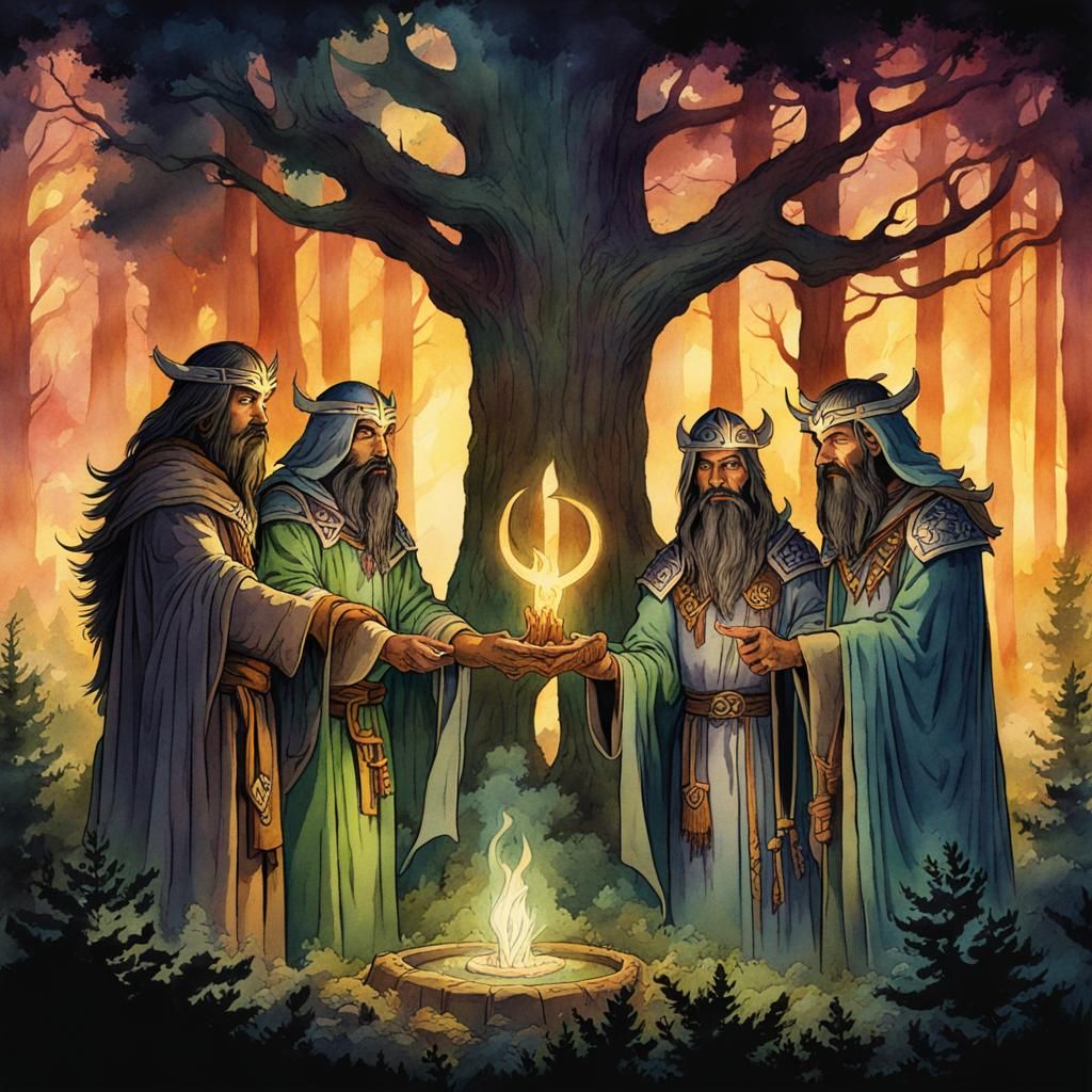 Druids Perform Love Ritual in Forest, Watercolour Style