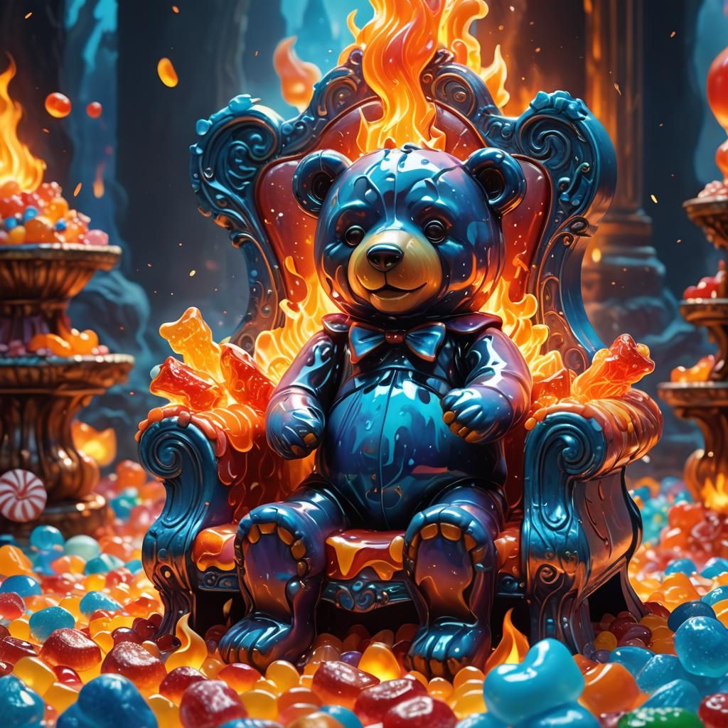 Flaming Gummy Bear on Candy Throne: Digital Illustration