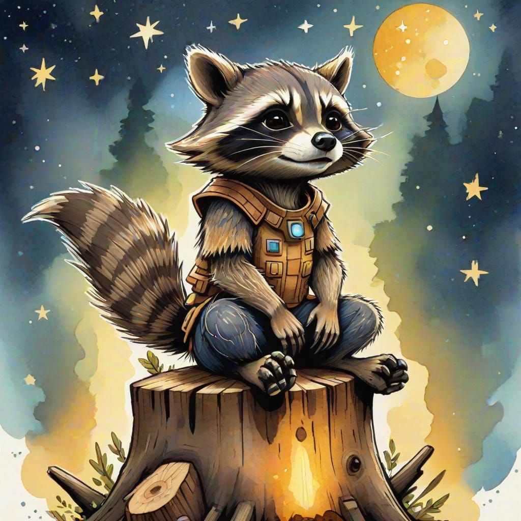 Rocket Raccoon in Whimsical Watercolor Illustration