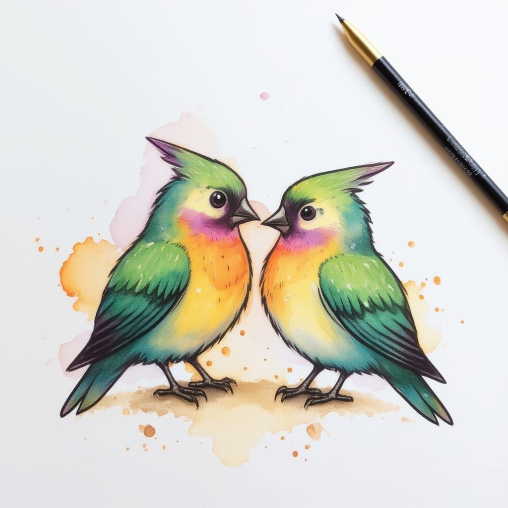 Whimsical Watercolor Lovebirds with Crimson and Emerald Acce...