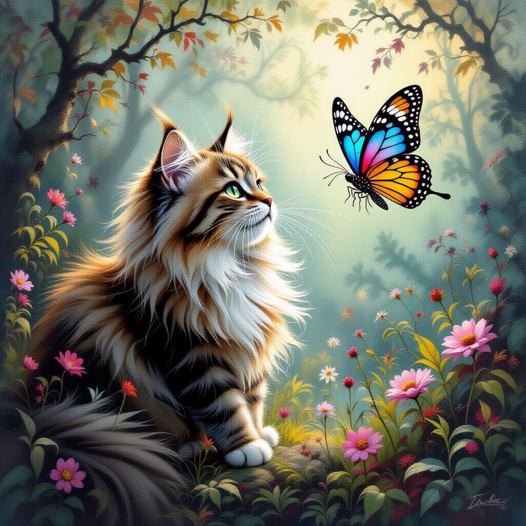 Cat Chasing Butterfly in a Dreamscape
