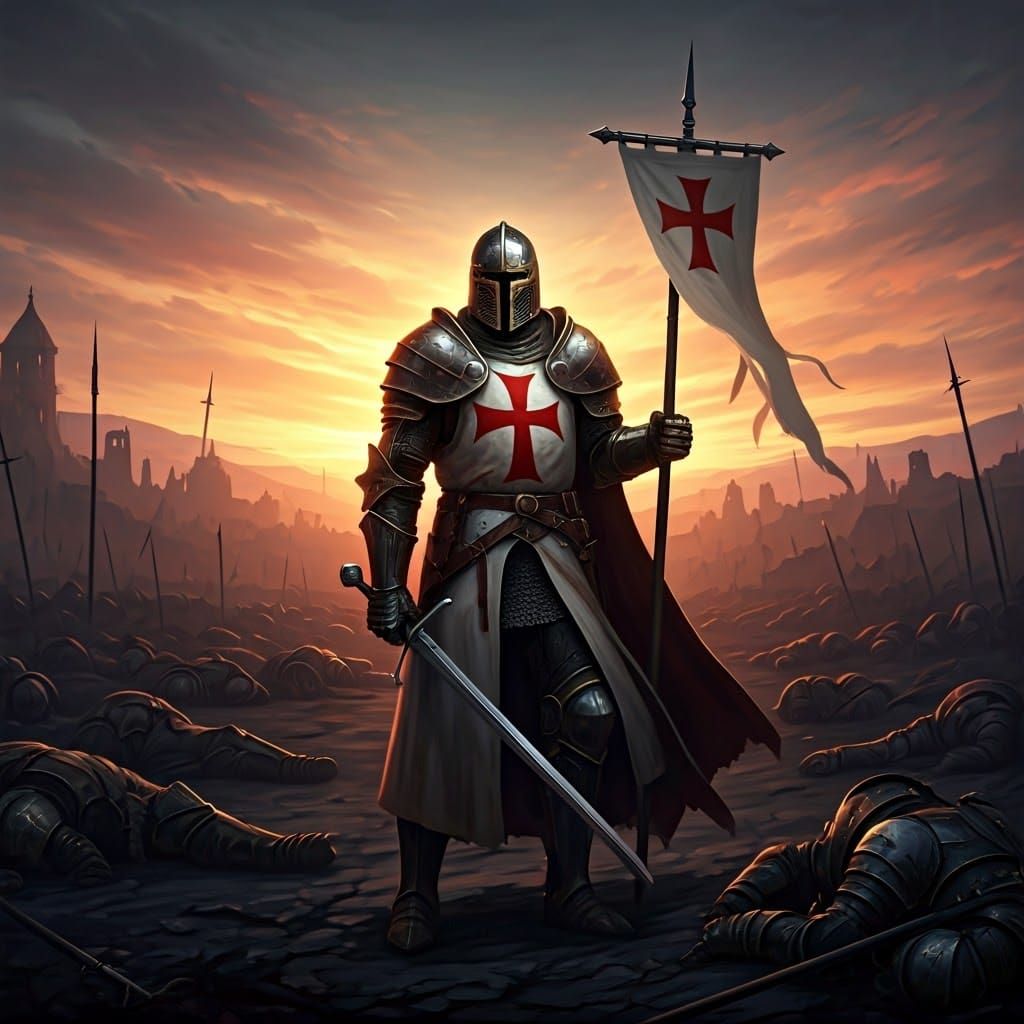 Templar Knight Surrounded by Fallen Comrades Amidst a Desola...