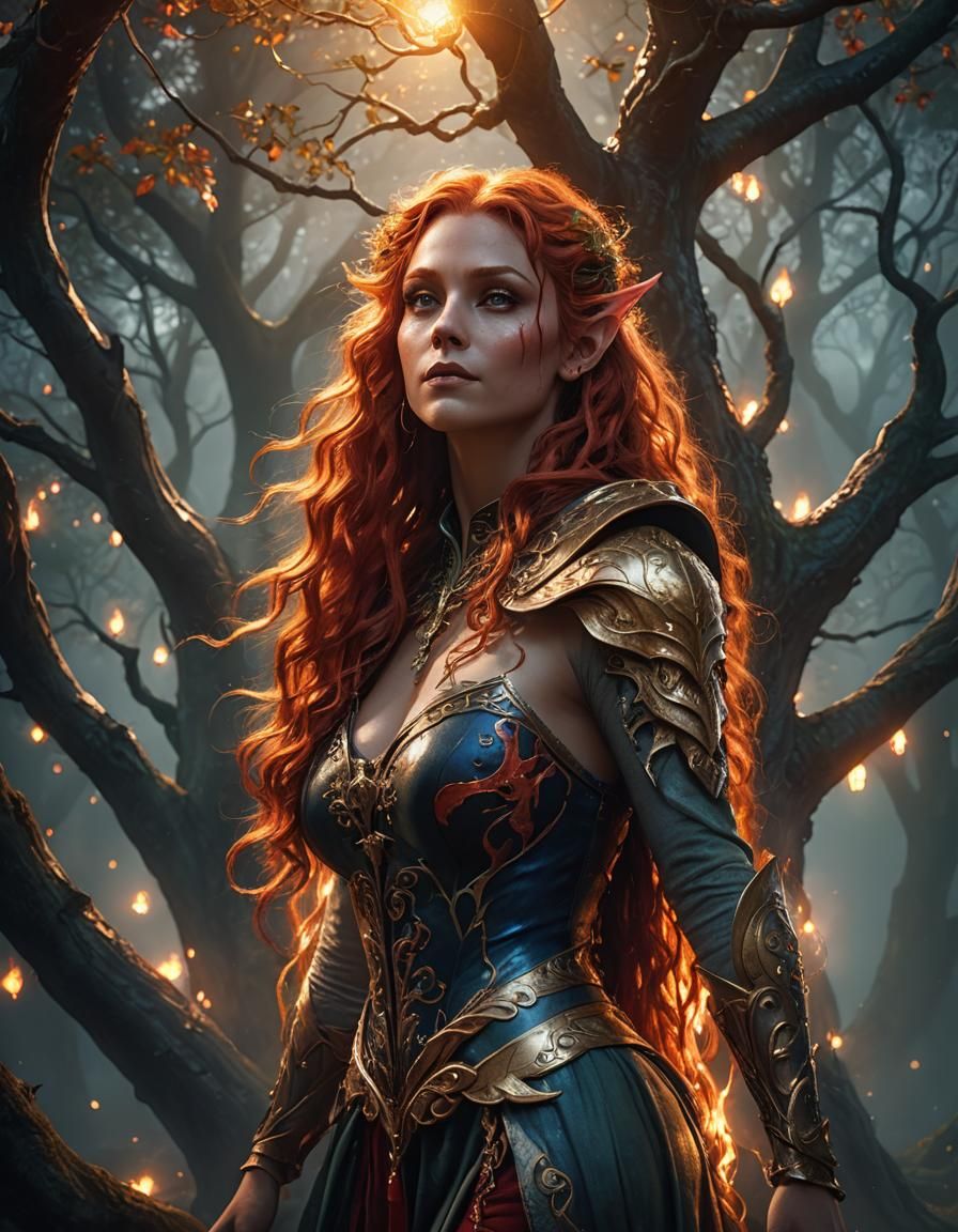 Vibrant Fantasy Elf Radiates Beauty Under Illuminated Tree