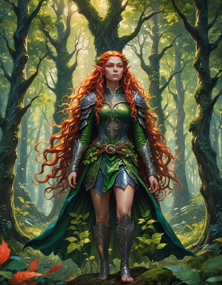 Voluptuous Elf in Forest, Hyper-Detailed Oil Painting