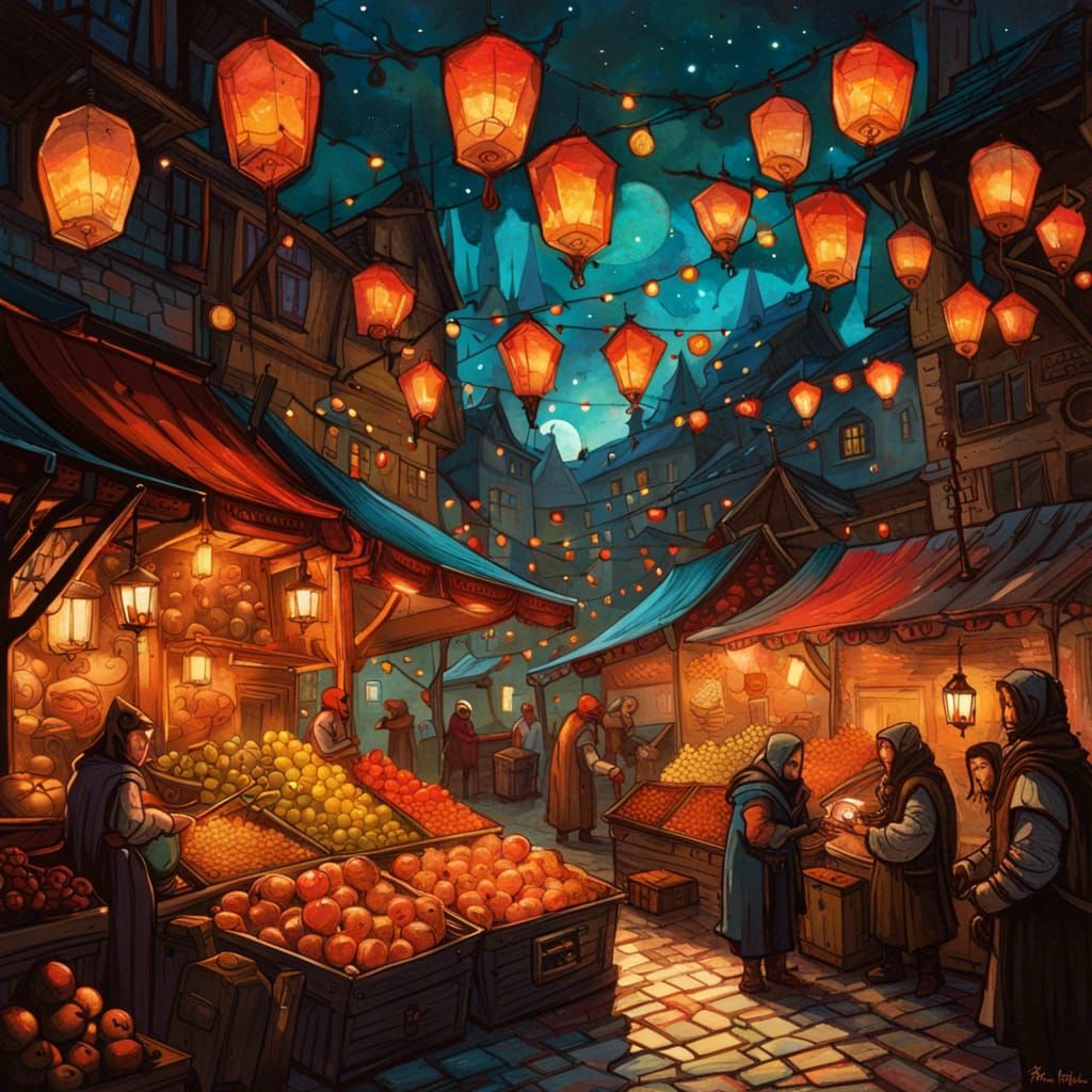 Medieval Fruit Market at Night in Oil