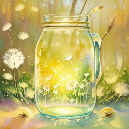 Whimsical Forest Scene with Dandelion Puffs as Watercolor