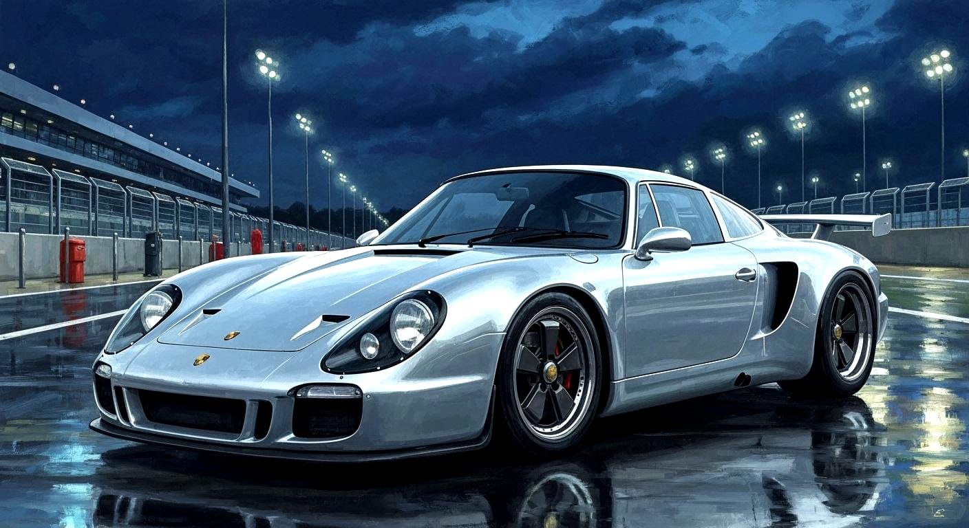 Retromodern Silver Sports Car at Nürburgring