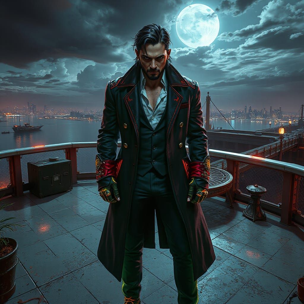 Cyberpunk Villain Overlooking Futuristic Bay in Tachism