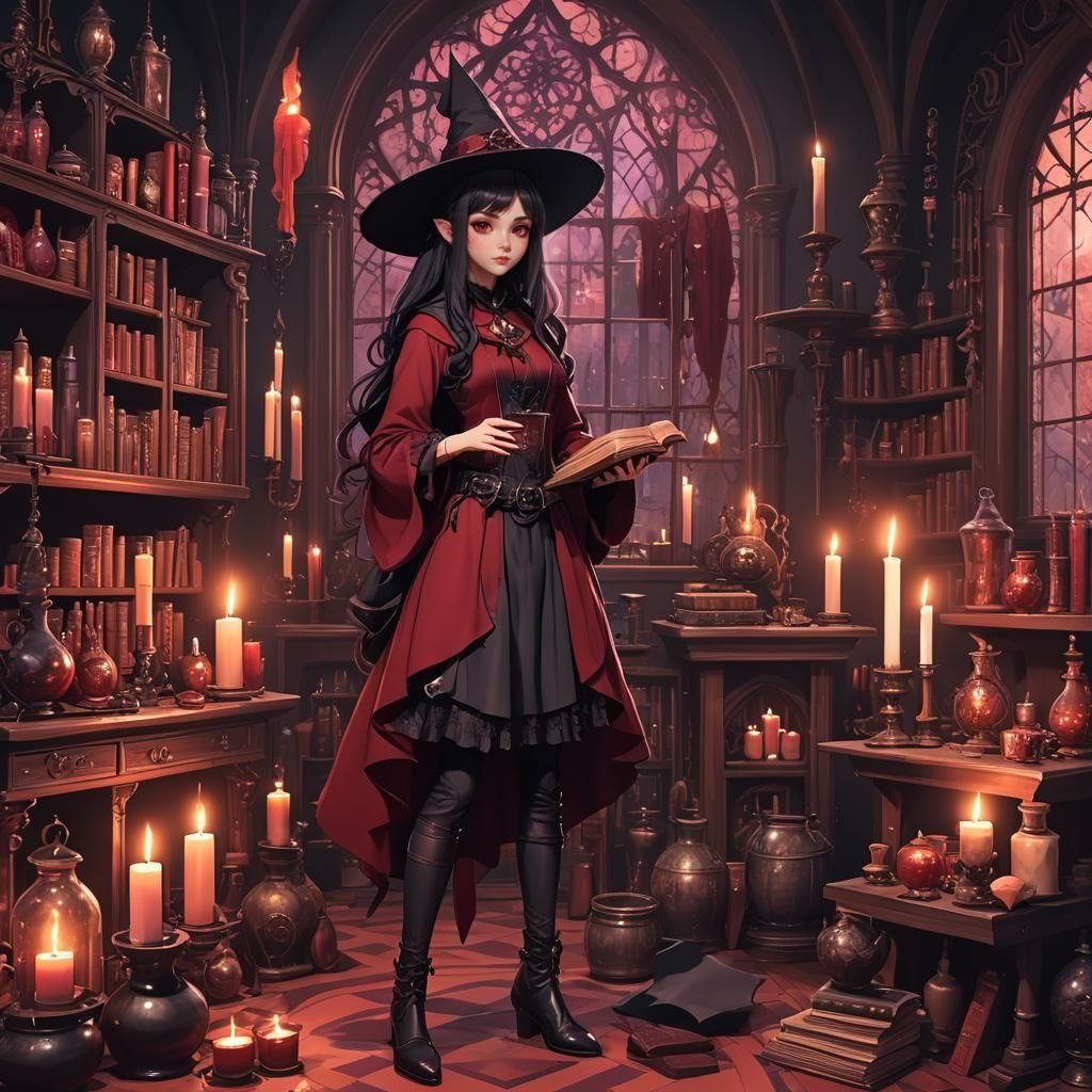 Young Witch Prepares for Magic Year in Gothic Room