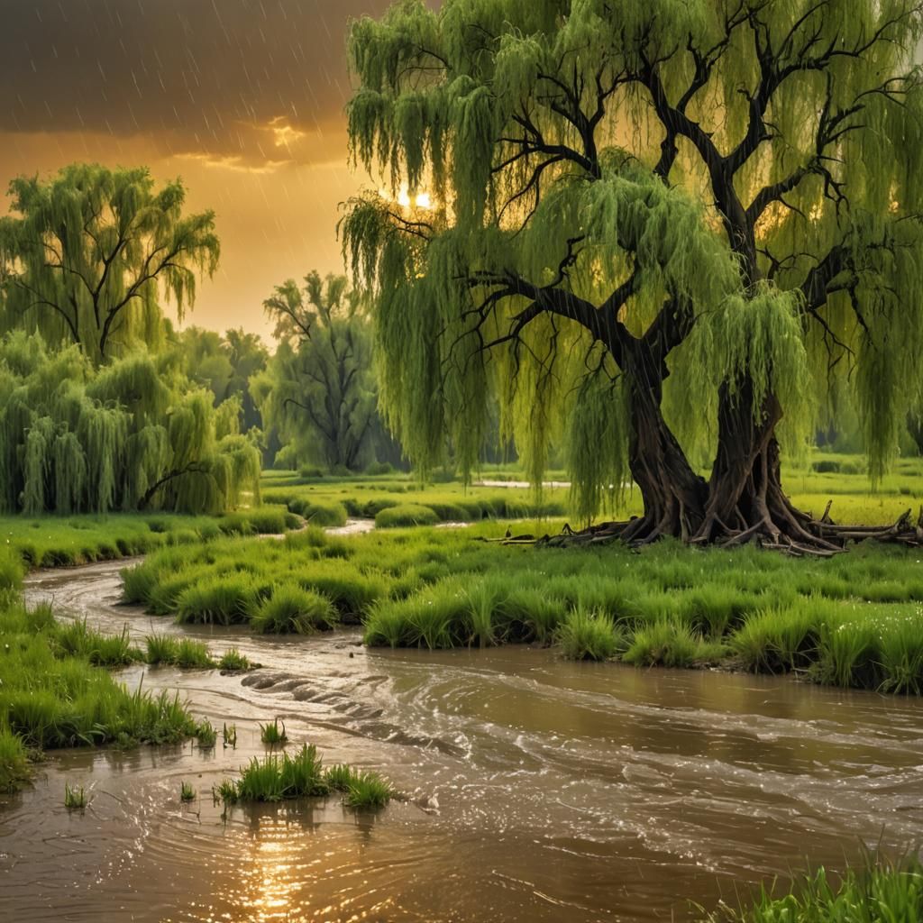 Warm Rain Over River Backwater with Willow
