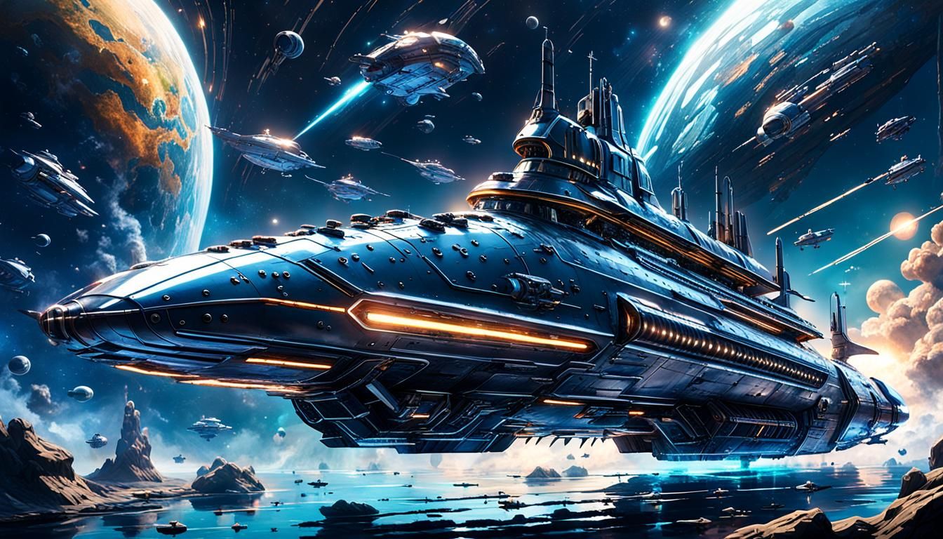Futuristic Submarine Spaceship Glides Through Cosmos