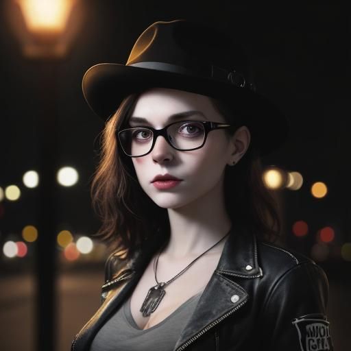 Brunette in Fedora Under Street Lamp: Noir Portrait