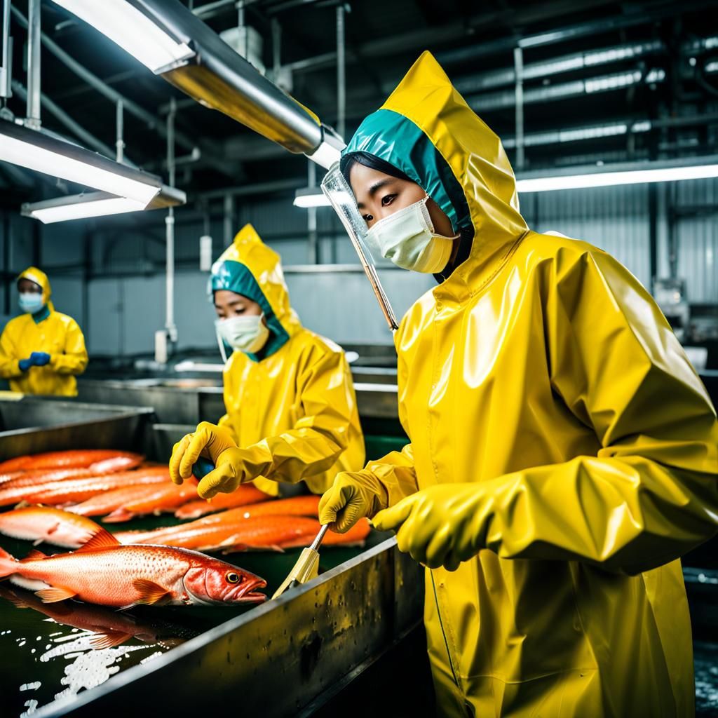 Salmon Factory Workers in Yellow Rain Gear