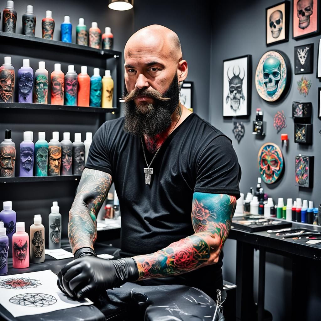 Tattoo Artist Prepares His Colorful Graffiti Art Station