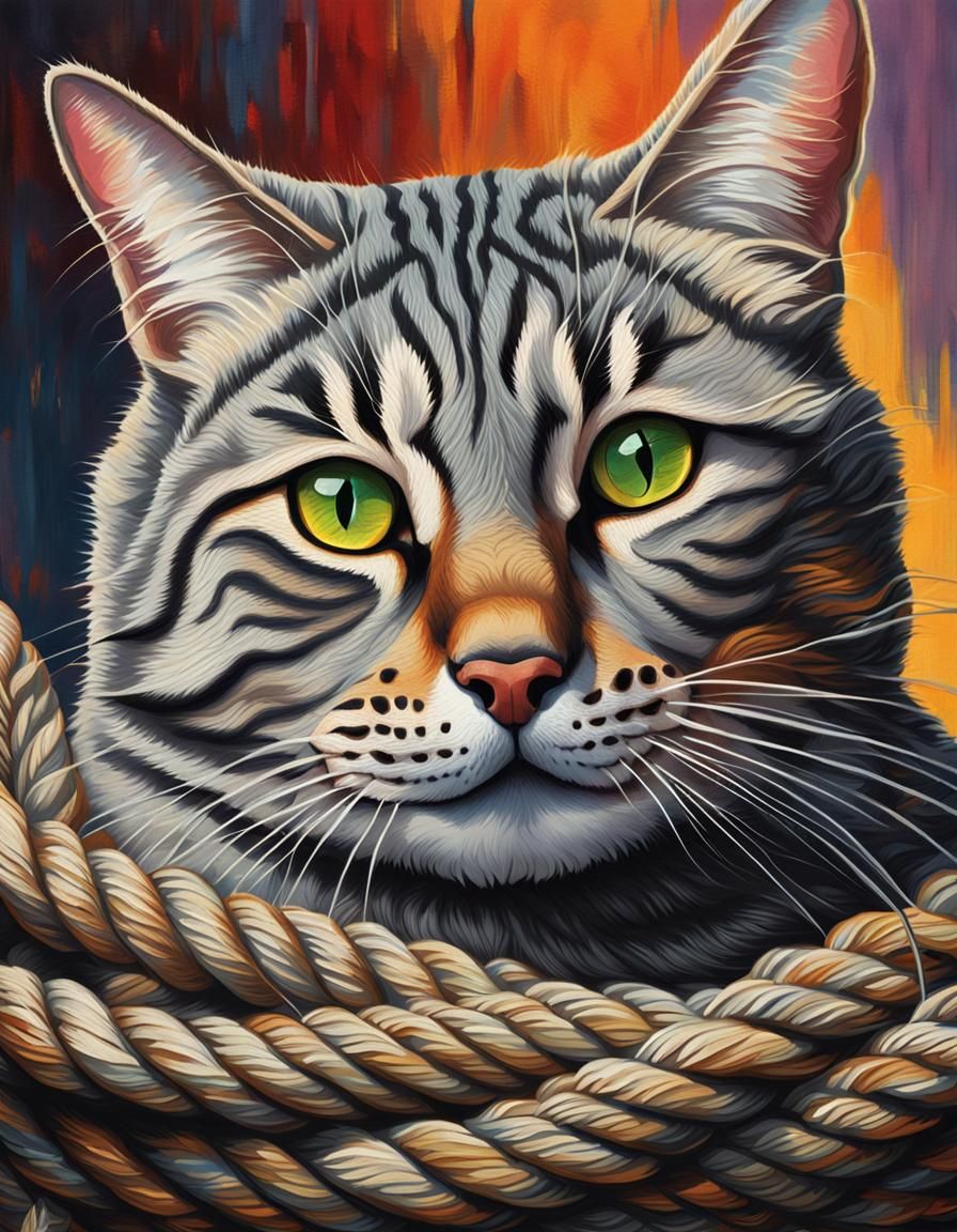 Tabby Cat Portrait in Rope Coil