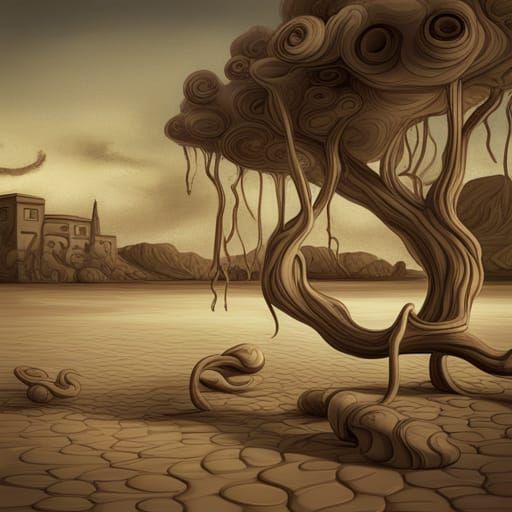 Surreal Melting Forms in Mixed Media Style