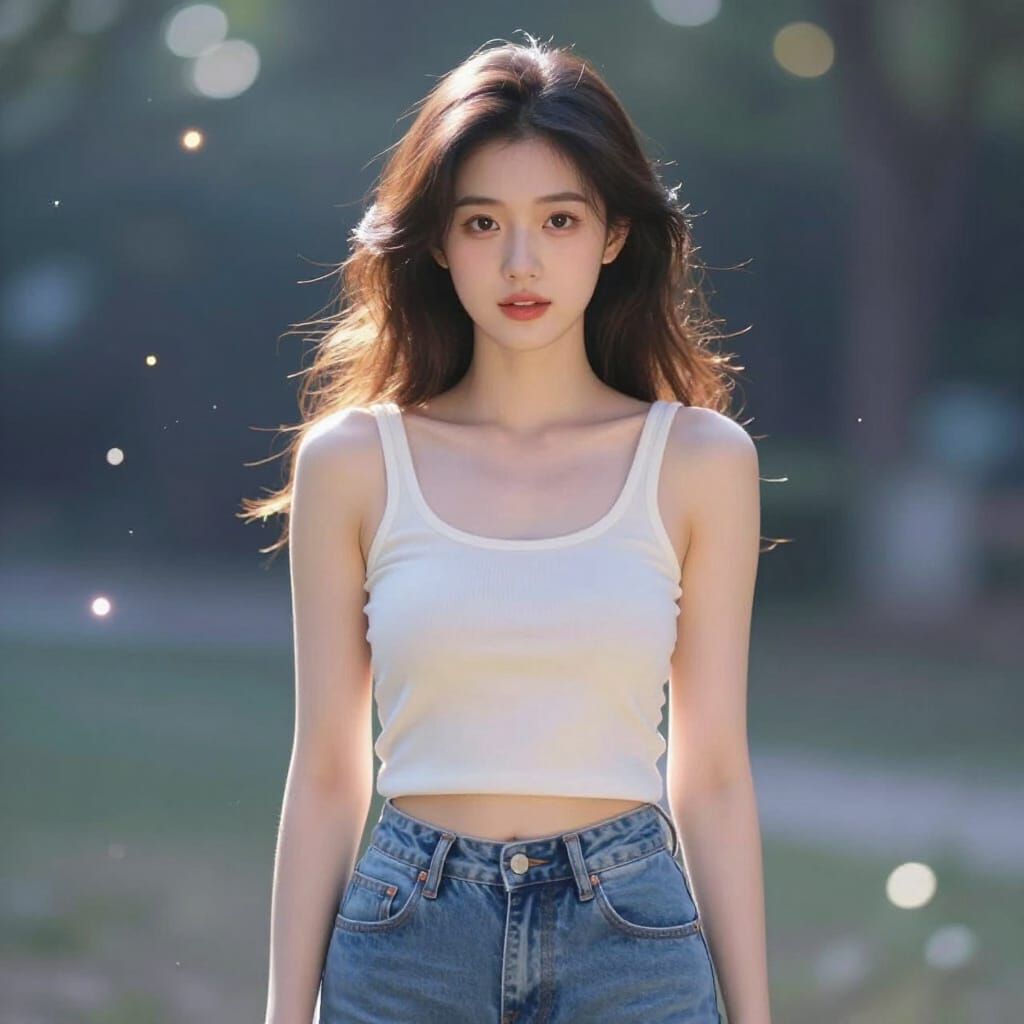 Realistic Woman in Tank Top with Sparkly Bokeh Background