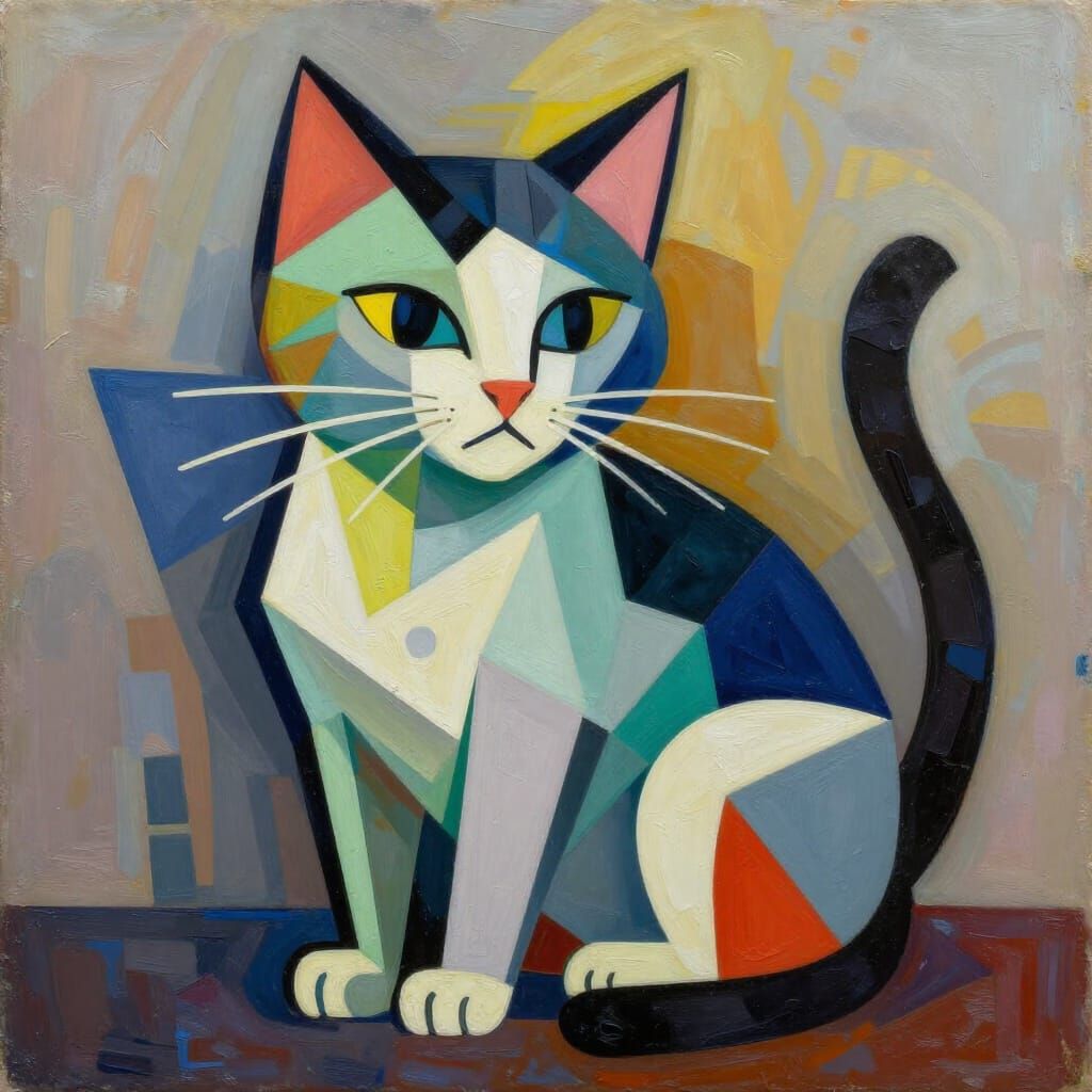 Geometric Cubist Cat Painting in Neo-Cubism Style