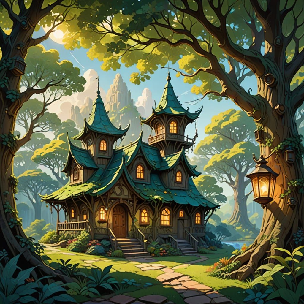 Whimsical Elven Treehouses Amid Ancient Oak Canopies