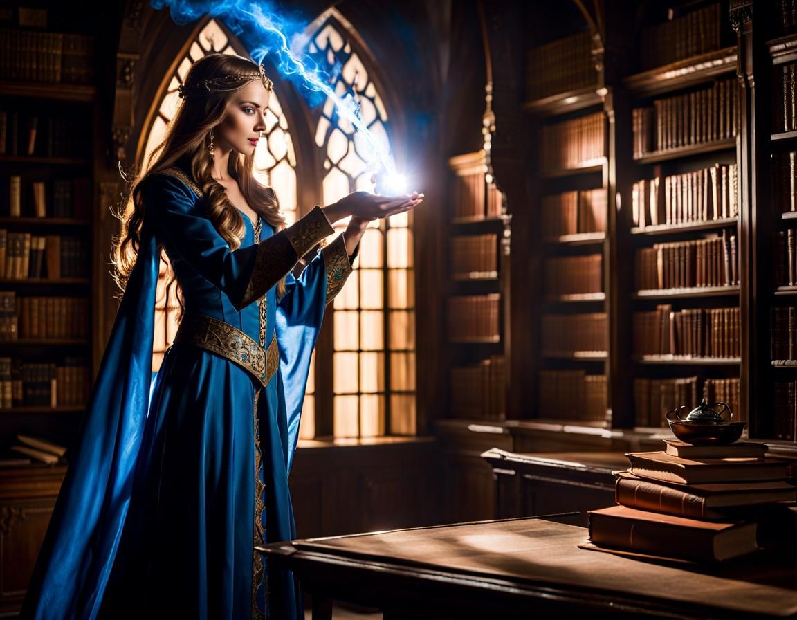 Elven Sorceress Casting Spell in Library, Frazetta Style