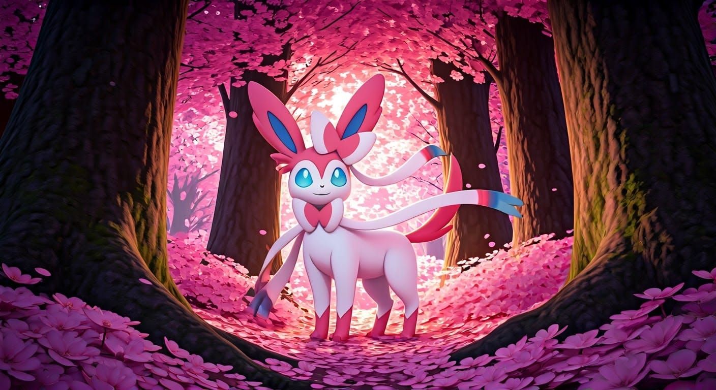 Sylveon in Sakura Forest: 3D Anime Art