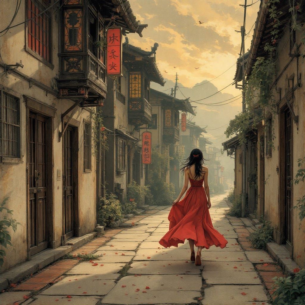 Hokusai-Inspired Fantasy Figure in Red Dress