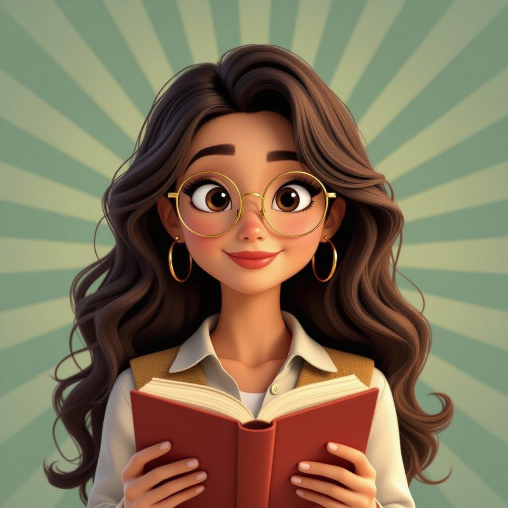 Woman Reading Book in Pixar Style with Golden Glasses