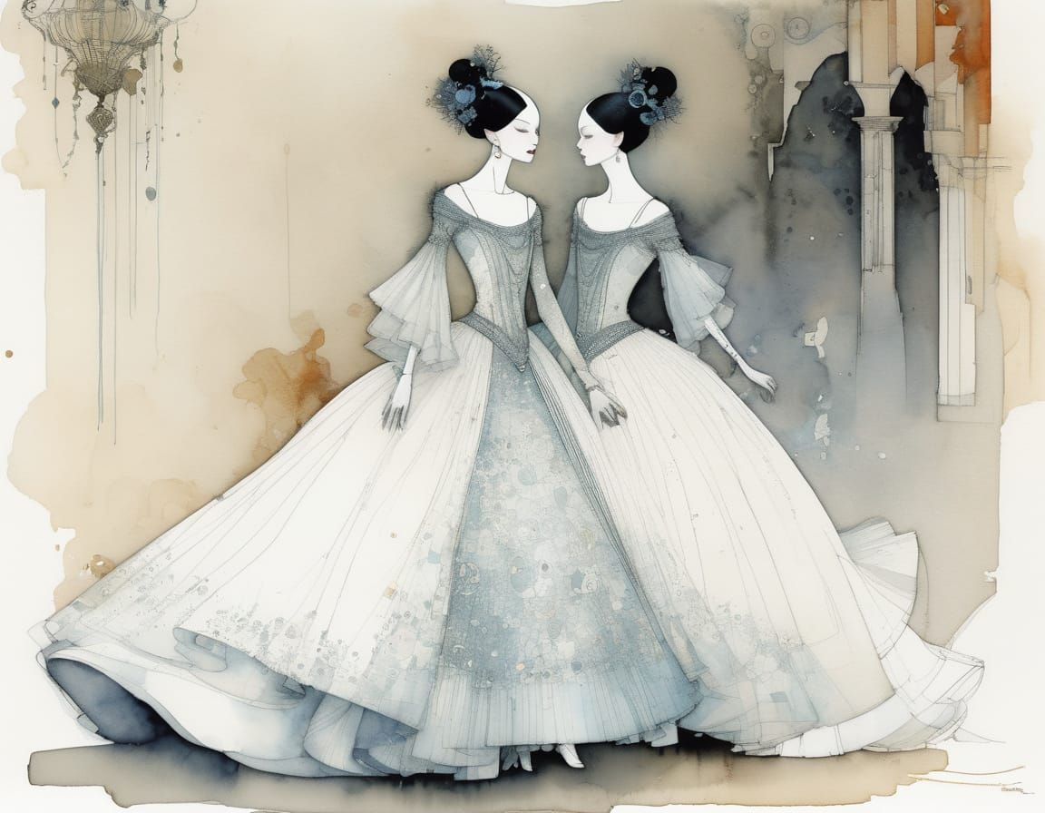 Elegant Ballroom Scene With Dancers in Gowns