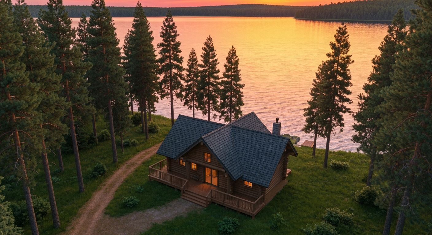 Serene Lakeside Cabin at Sunset in Photorealistic Style