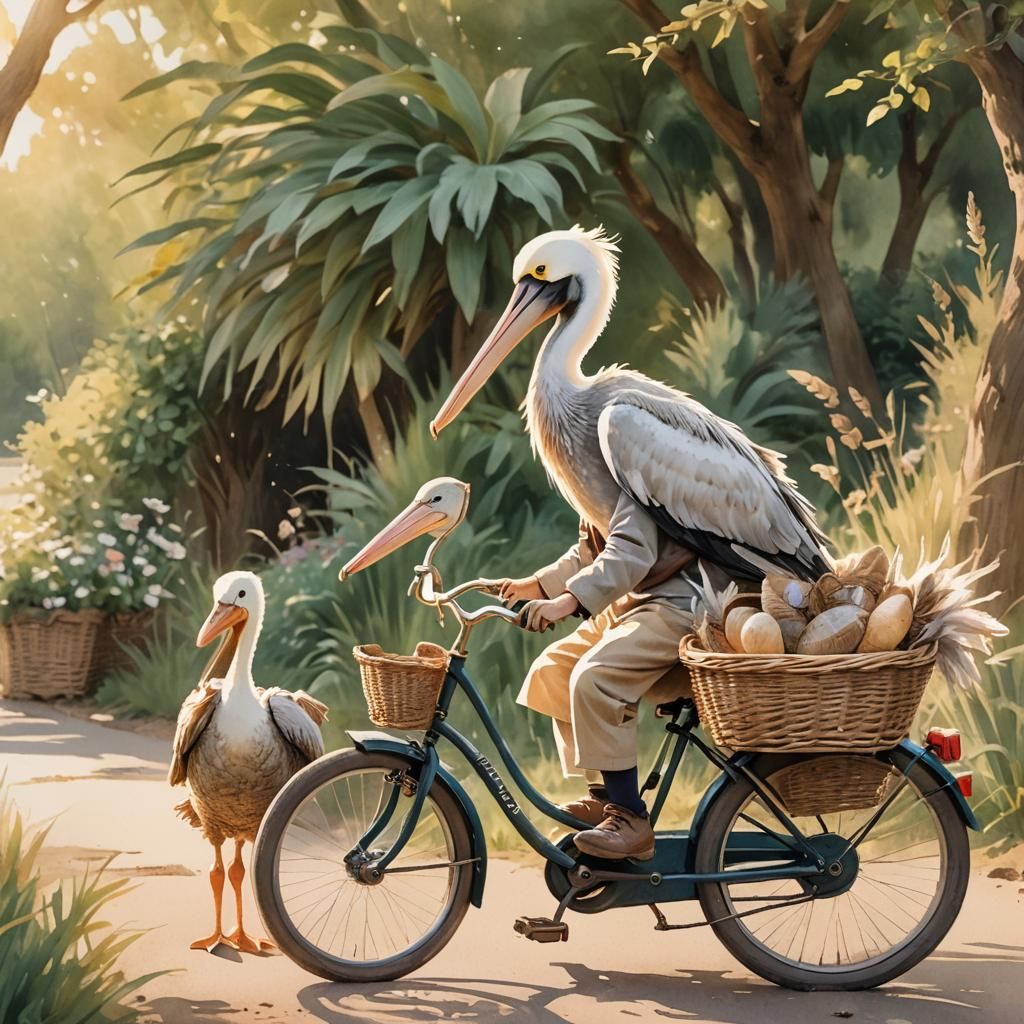 Whimsical Child Pelican Bicycle Ride in Golden Hour