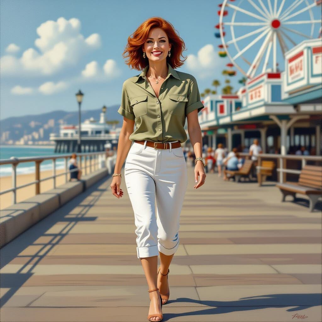 Fit 50-Year-Old Woman on Santa Monica Pier Oil Painting