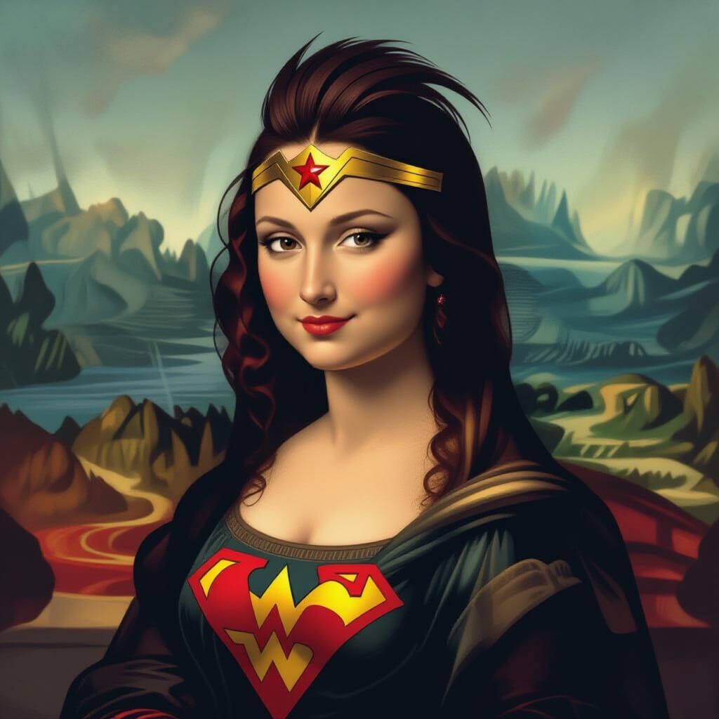 Mona Lisa as Wonder Woman with Faux Hawk