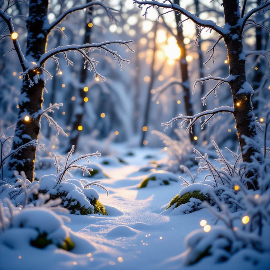 Magical Winter Forest Panorama with Frost and Snow